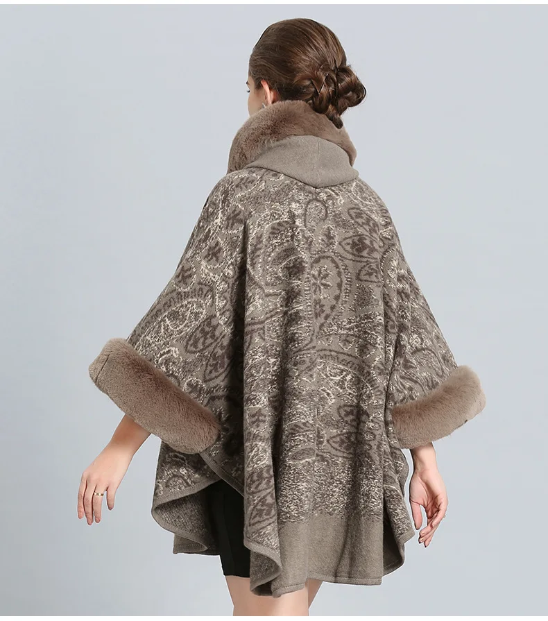 6 Colors Winter Warm Coat Women Hairy Wool Cardigan Faux Fox Fur Collar Cape Printed Poncho Overcoat With Batwing Sleeves Hat
