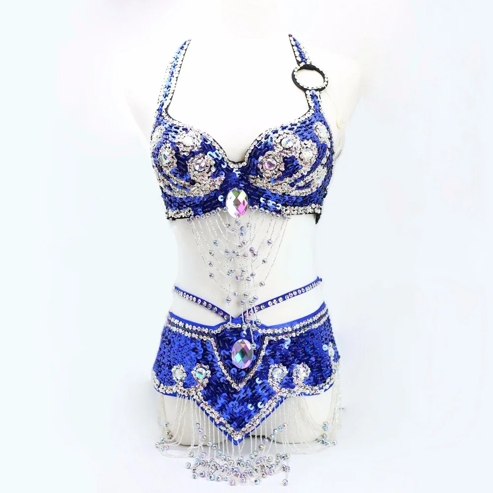 12 Colors Stage Performance Oriental Belly Dancing Clothes 3-piece Suit Bead Bra, Belt & Skirt Belly Dance Costume Set