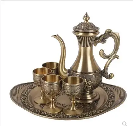 

European bronze color metal wine set 1pot +4cups+1 tray wine decanter cocktail set decorativewhiskey decanter JJ063