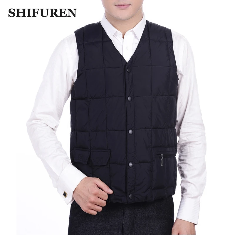 

SHIFUREN New 2018 Winter Warm Men Vest Causal Down Padded Sleeveless Jacket Outerwear V-Neck Male Waistcoat Plus Size XL-4XL