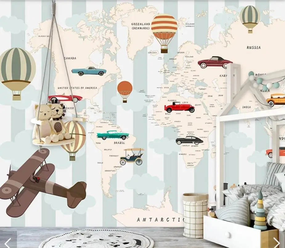 3D Carton Air Hot Balloons Airplane World Map Wallpaper Mural for Kids Room Children Bedroom Vintage Wall Papers Home Decor