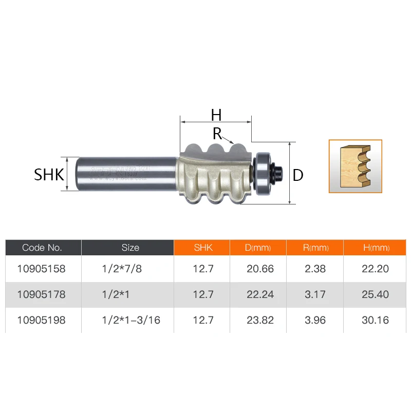 1pcs 1/2 Shank Triple Flute Bit TC Concave with Ball Bearing Woodworking Tools Arden Router Bit