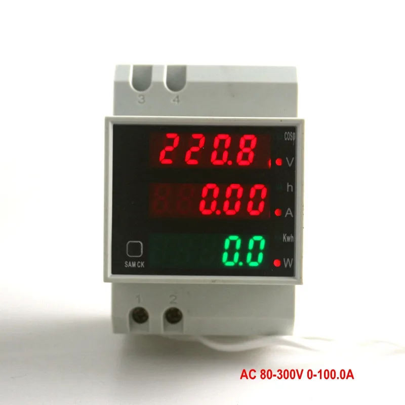 Imagem -02 - Trilho Din Led Voltímetro Amperímetro Vermelho Azul Display Fator de Potência Ativo Medidor de Energia Tensão Volt Medidor de Corrente D522047 0100.0a