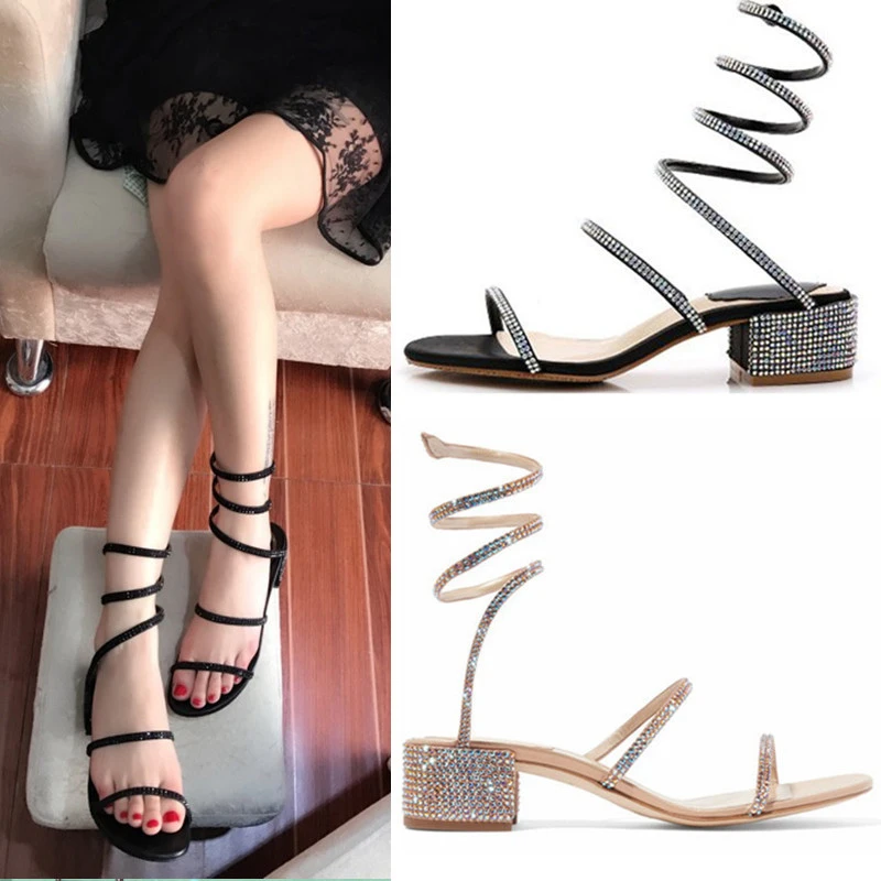 Young Girls Nude Black Crystal Sandals Glittering Strappy Summer Shoes Bohemian Low Chunky Heel S Snake Shaped Wedding Shoes