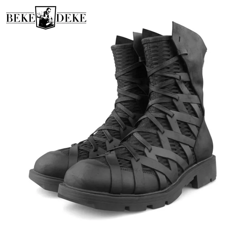 High-Top Punk Shoes Men Ankle Luxury Trainers Genuine Leather Mesh Patchwork Back Zip Motorcycle Boots Casual Hip Hop Sneakers