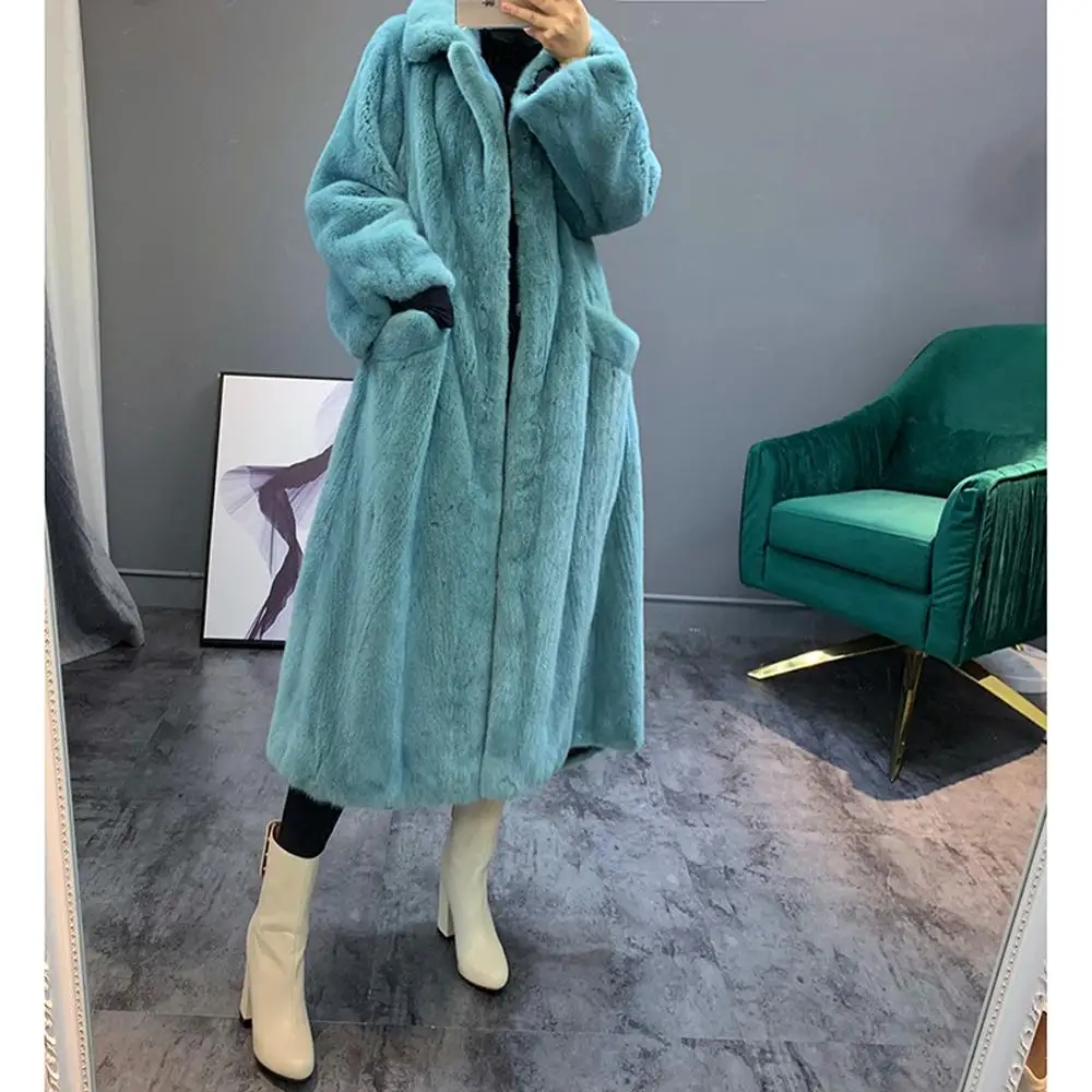 2019 das Mulheres New Real Mink Casaco De Pele das Mulheres de Inverno Longo Casaco Quente das Mulheres Pequeno Colar de Abertura de cama Azul casaco de Pele De vison