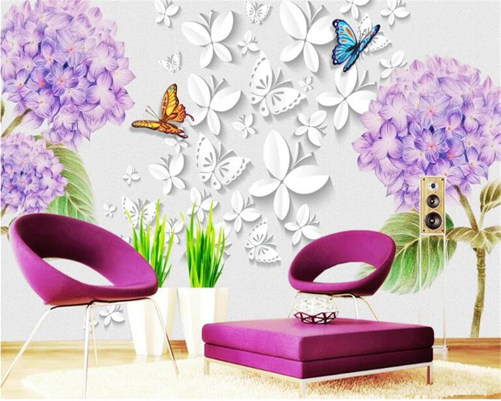 beibehang papel de parede 3d wallpaper Premium Dream Fashion Waterproof Wallpaper Purple Flower Stereo Butterfly 3D TV Wall