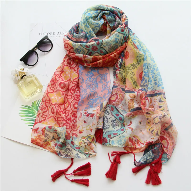 New Totem Flower Pattern Trendy Tassel Scarf Shawls Long Women Floral Pattern Scarves Foulard Wrap Hijab 10pcs/LOT