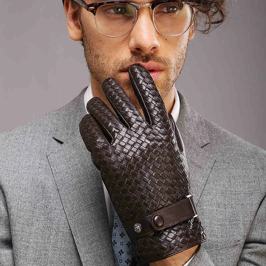 Guantes de piel de oveja tejida a mano para hombre, manoplas masculinas de cuero genuino, a la moda, informales, de negocios, de alta calidad, M025NN