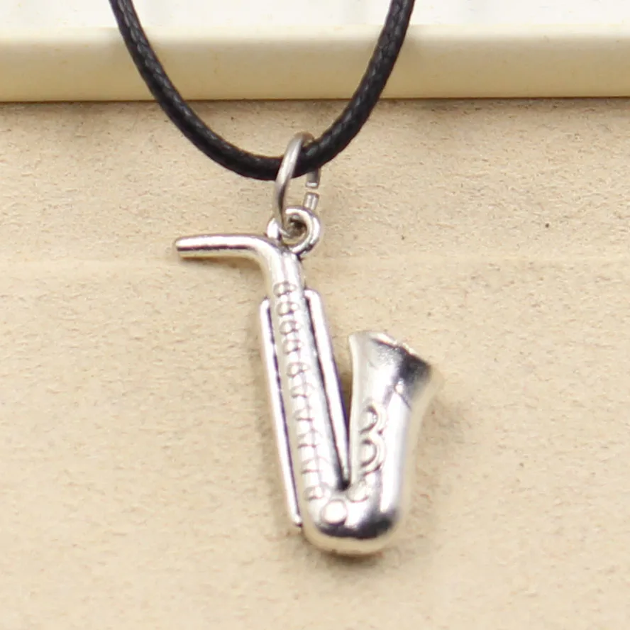 New Fashion Tibetan Silver Color Horn Saxophone Pendant Necklace Choker Charm Black Leather Cord Factory Price Handmade Jewelry