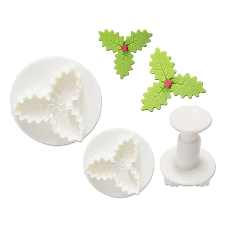 Christmas Tools 3Pcs/Set Holly Leaf Cake Cookie Sugarcraft Fondant Decorating Plunger Cutters Mould Bakeware Tools  H946