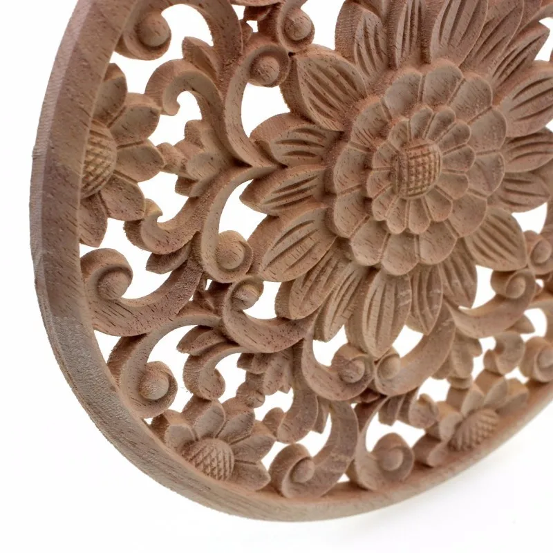 RUNBAZEF Carved Flower Carving Round Wood Appliques for Furniture Cabinet Unpainted Wooden Mouldings Decal Decorative Figurine