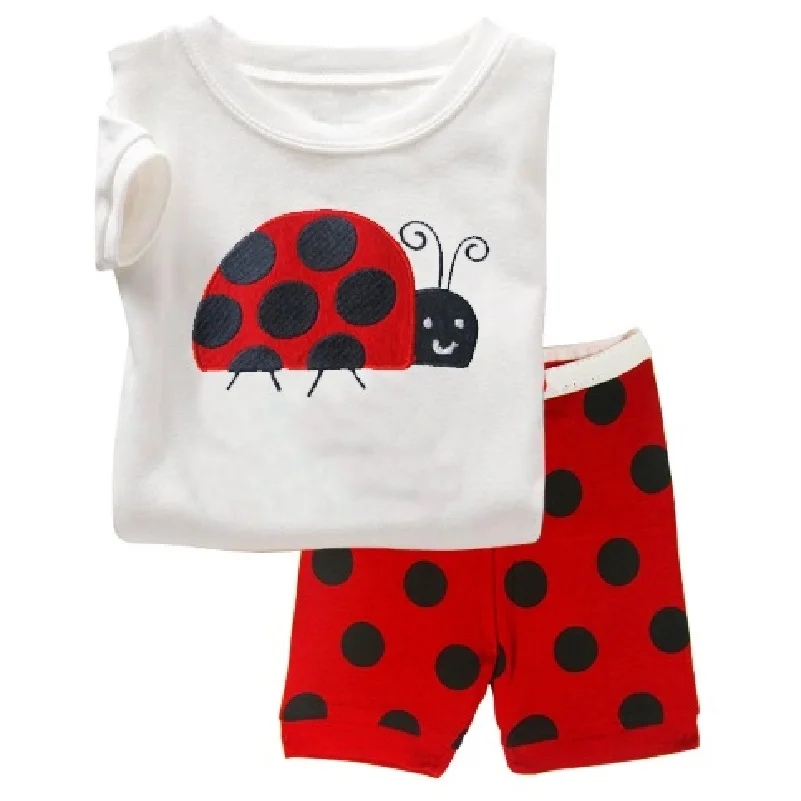 Ladybug Polka Dot Summer Girl Pajamas Children\'s Clothing 100% Cotton Soft Girl Sleeping Suits t-shirt+pant Baby Home Clothes