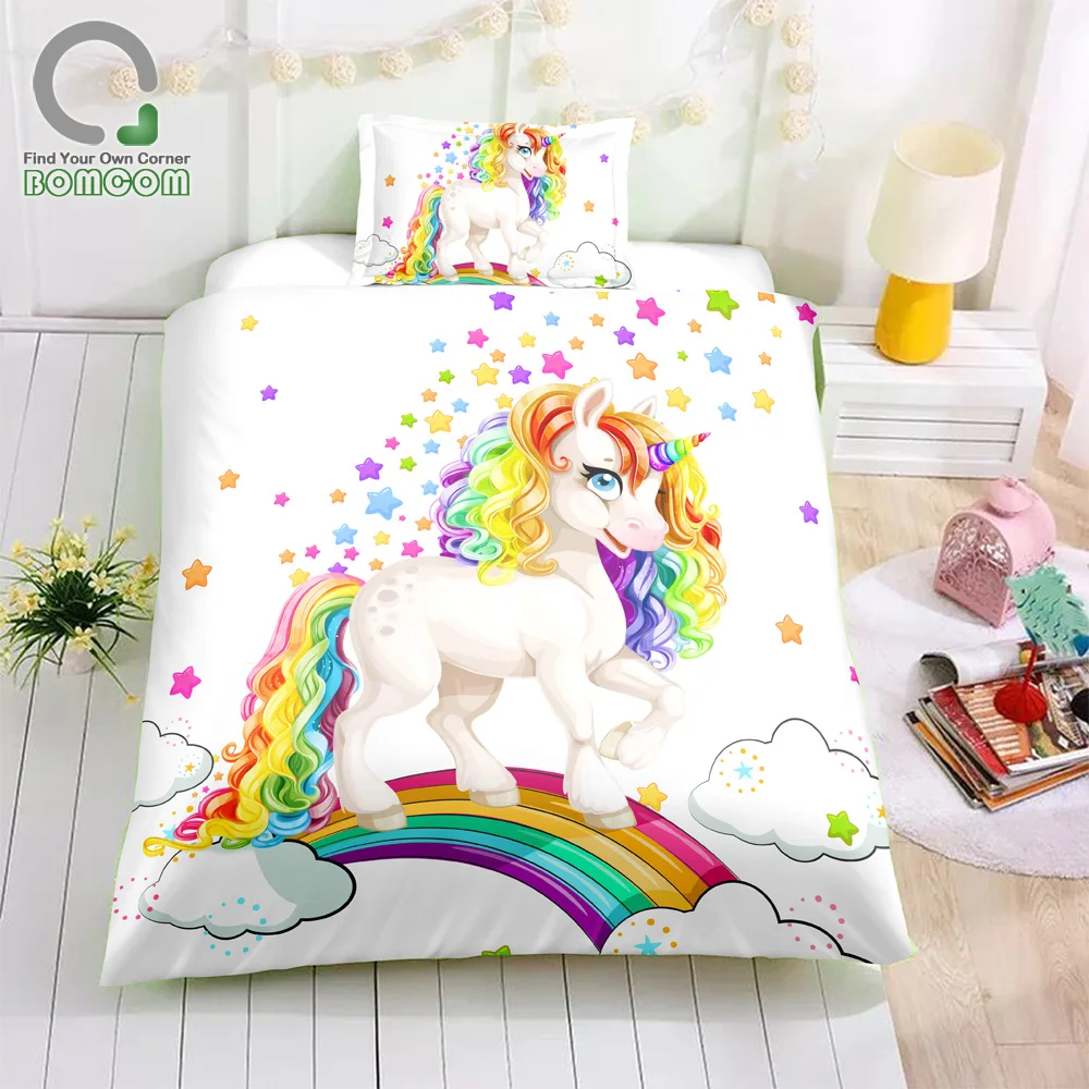 BOMCOM 3D Digital Printing Rainbow Unicorn Fairytale with Sparkling Stars Bedding Sets 100% Microfiber W Background