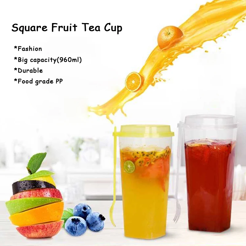 Disposable Plastic Cup with Lid and Fork, Take Out Drinks Mug, One-off Drinkware, Milk Tea Packing Tools, Big Capacity