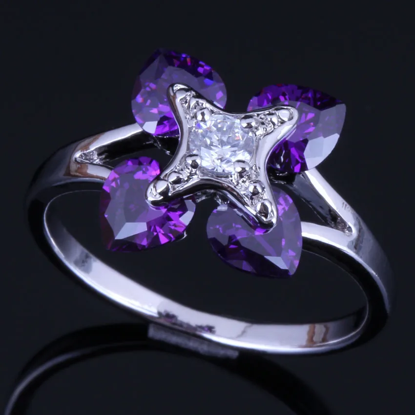 Silky Heart Shaped Purple Cubic Zirconia White CZ Silver Plated Ring V0423