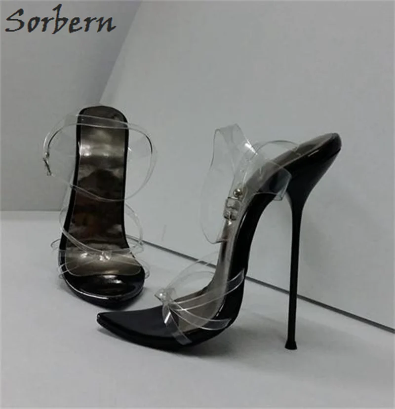 Sorbern Black Women Shoes Unisex Sandals High Heels 14Cm 16Cm Thin Straps Metal Stilettos 35-50 Sandals For Women Plus Size