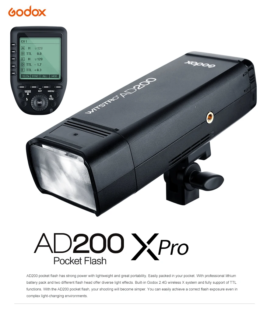 Godox AD200 200Ws TTL GN60 High Speed Sync Pocket Flash + Godox