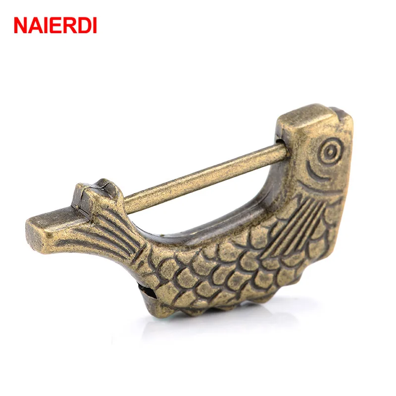 NAIERDI 60*30mm Vintage Chinese Keyed Padlock Antique Old Style Retro Lock Zinc Alloy Jewelry Box Fish Pattern Lock Home Decor