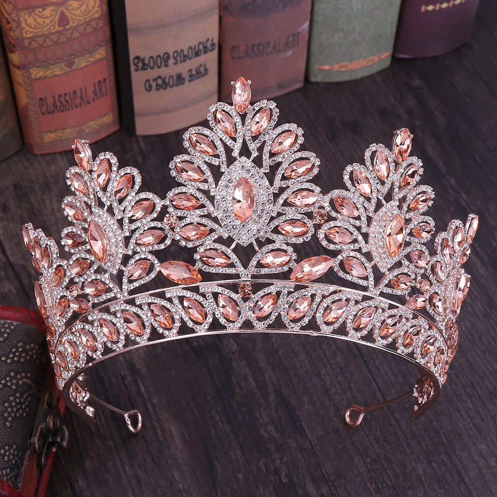 Baroque Rose Gold Color Big Rhinestone Bridal Tiaras Crown Champagne Crystal Diadem Veil Tiara Headband Wedding Hair Accessories