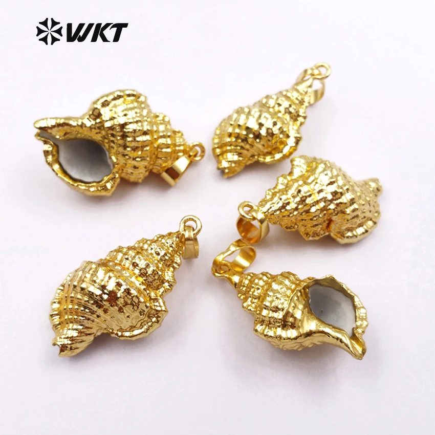 WT-JP022 Wholesale Full gold dipped trumpet shell pendant , hot sales genuine sea shell trumpet with gold color pendant