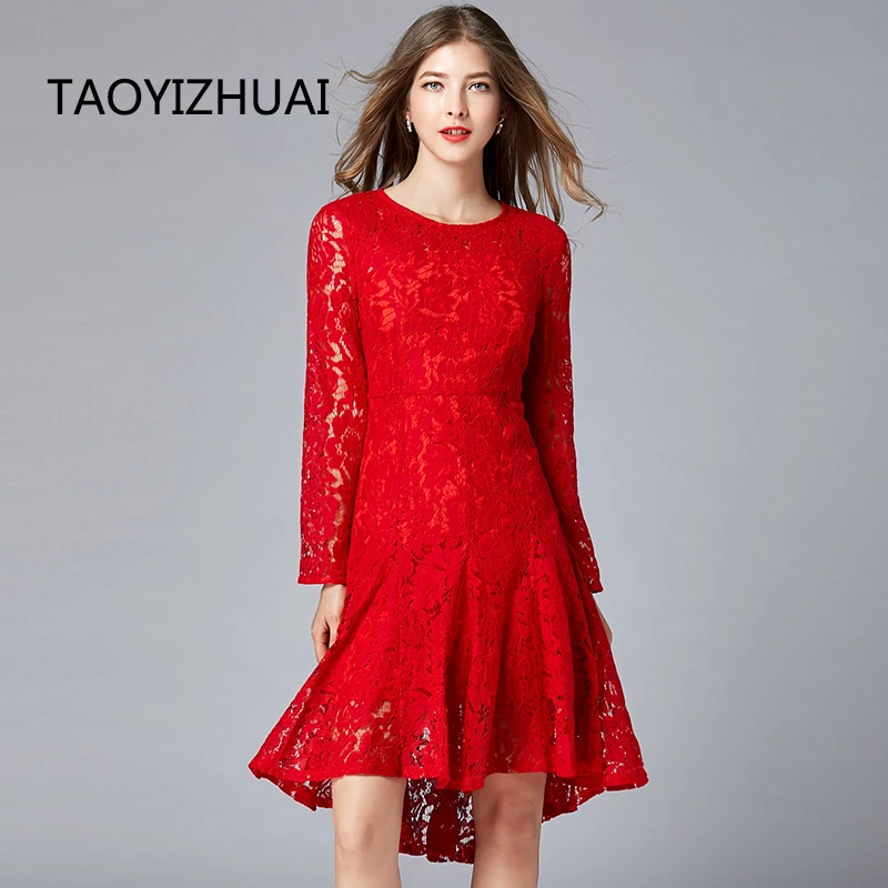 

TAOYIZHUAI new arrival spring Lace crew neck long sleeve fishtail dress red lace sexy slim party plus size lady ress16202