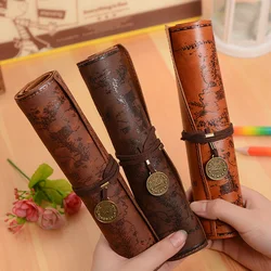 Vintage Retro Treasure Map Pencil Cases Luxury Roll Leather PU Pen Bag Pouch for Stationery School Supplies Make Up Cosmetic Bag