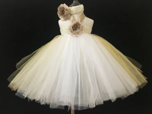 Cute Girls Crochet Flower Long Tutu Dress Kids Handmade Fluffy Tulle Tutus Ball Gown with Headband Children Princess Party Dress