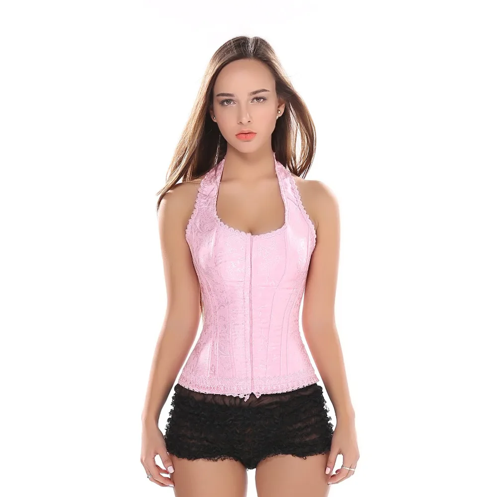 Pink Corset Top Straps Hook&Eye Overbust Corset For Women Jacquard Lace Up Boned Bustier BodyShaper Halter Neck Outfits