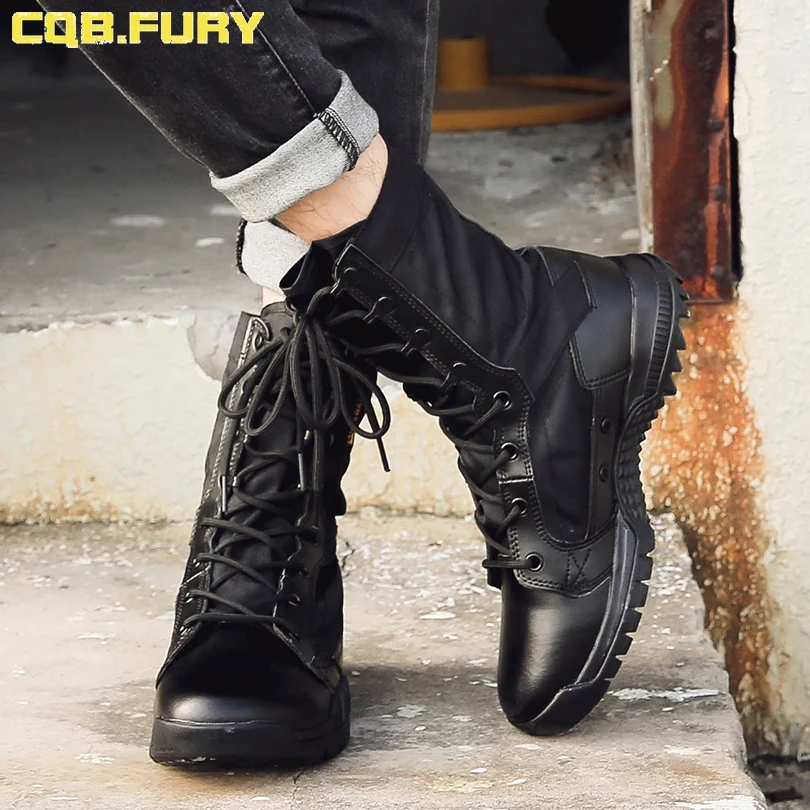 Cheap Summer Super Light lace up Black Leather Boot Tactical Breathable Ankle Hiking Training Boots Mens Boots