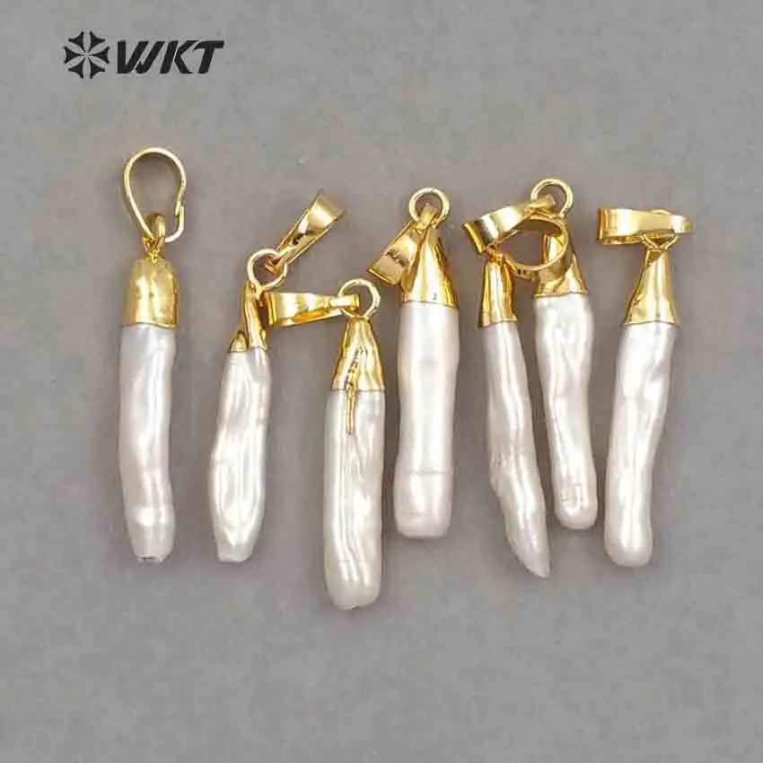 WT-P970 Wholesale Natural freshwater pearl stick pendant 24k gold dipped slim stick pearl pendant with gold cap