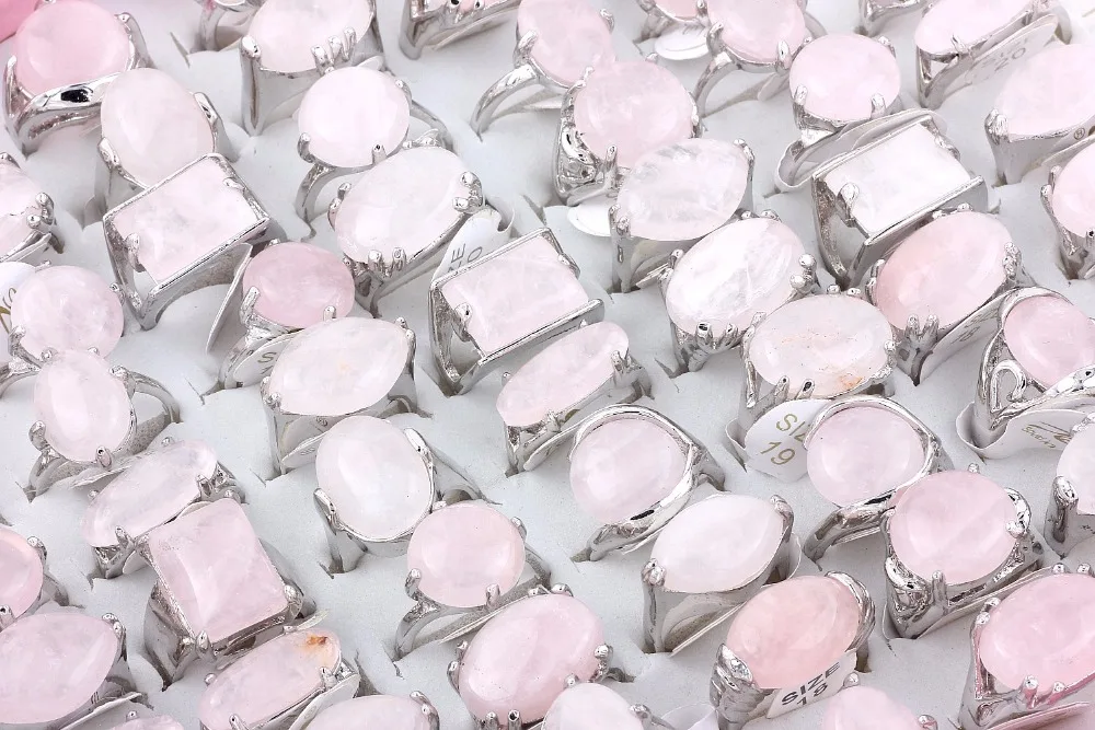 Wholesale Bulk 10Pcs Mix Style Natural Pink Quartz Stone Ring Band Zinc Alloy Ring Wedding Engagement Jewelry