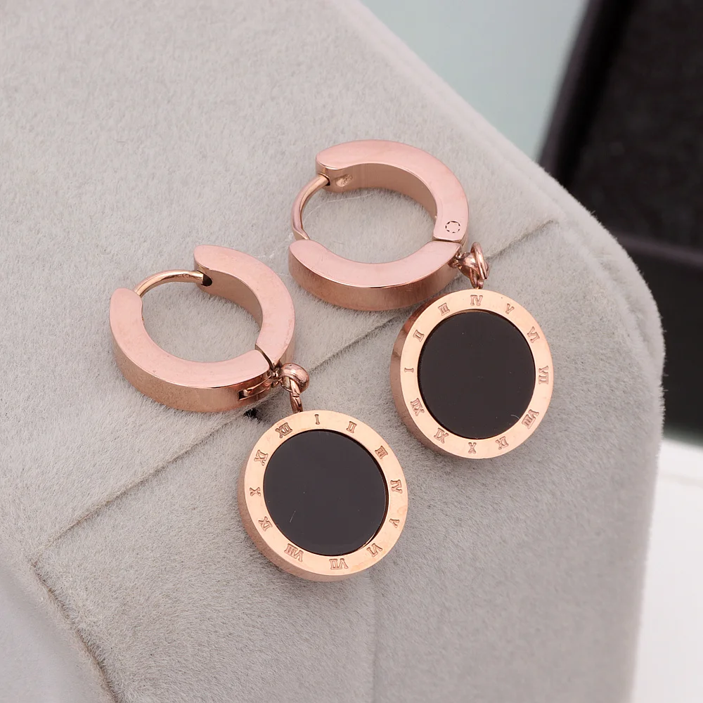 Hot Sale Brand Jewelry Rose Gold Color Drop Earrings Roman Numeral 316L Stainless Steel Earrings For Women Female Gift Bijoux E1