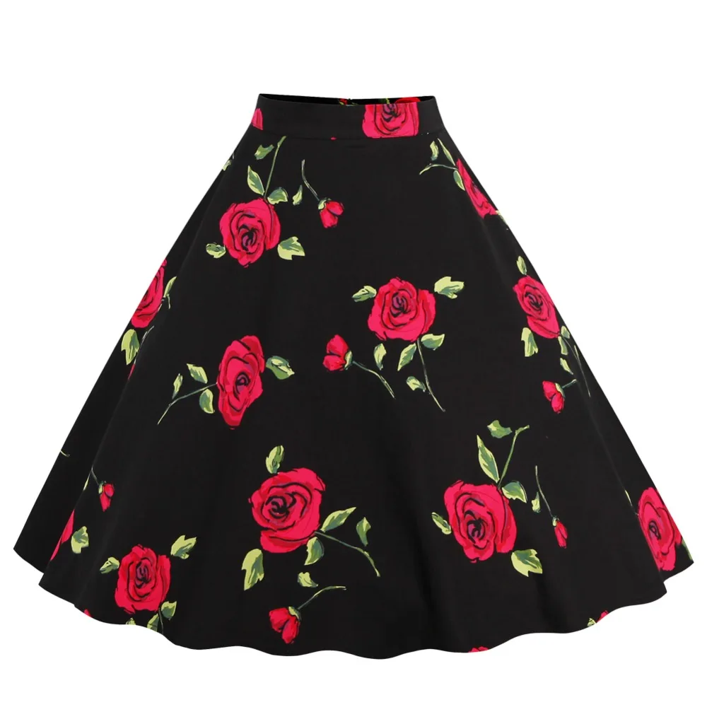 Elegan Bunga Cetak Musim Panas Seksi Wanita Rok Perempuan Bunga Lipit Hitam Merah Pin Up Tinggi Pinggang 50 S 60 S rockabilly Rok Vintage