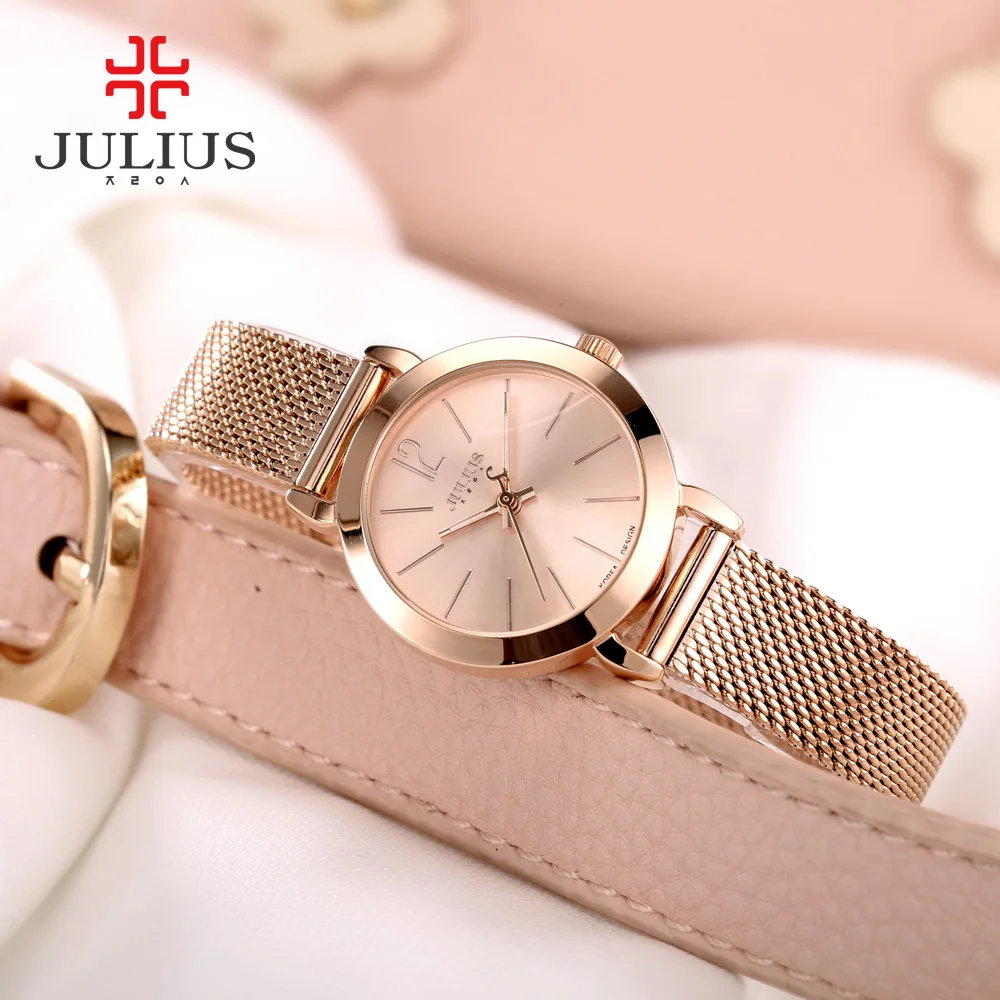 JULIUS JA-732 Female Women\'s Silver Rose Gold Tone Mesh Stainless Steel Quartz Analog Waterproof Fashion Watch Casual Wristwatch