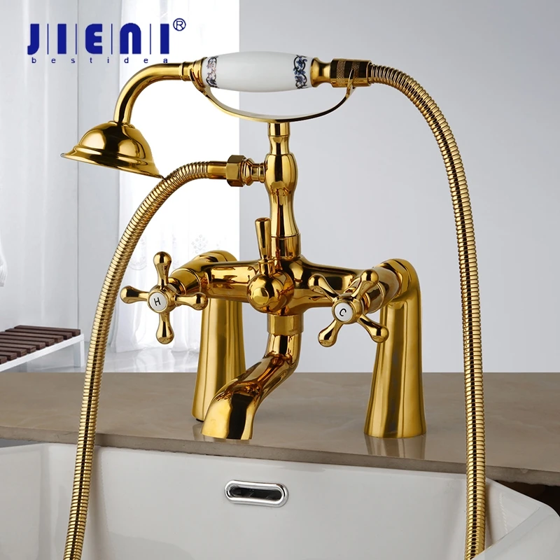 

JIENI Bathtub Telephone Deck Mounted 2 Handles Polished Golden Bathub Handshower Shower Bathroom Basin Sink Faucet Mixer Tap