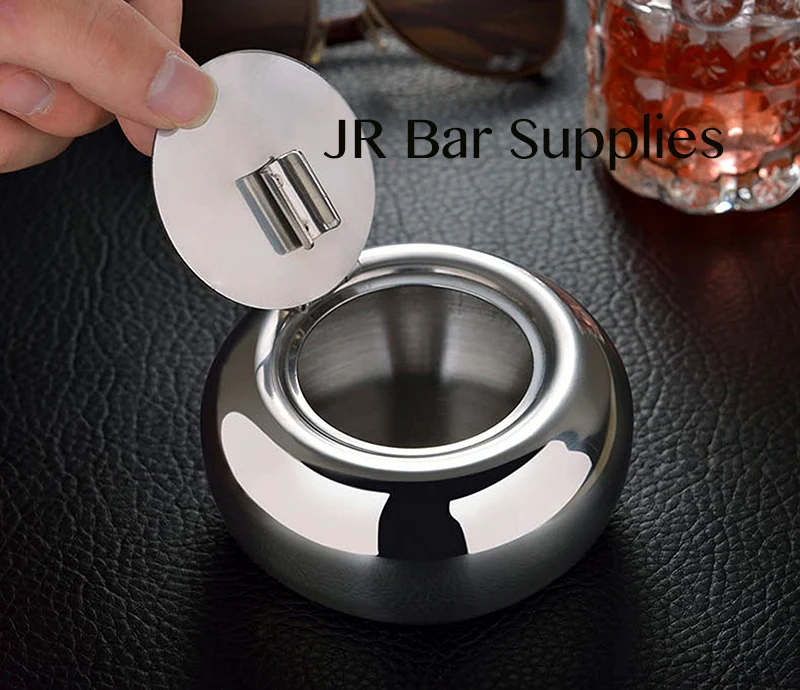 Ashtray, Stainless Steel Ashtray with Lid and Cigarette Holder, Silver