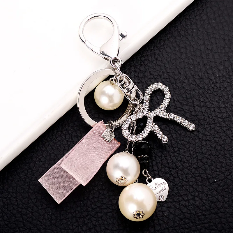 High Quality Simulated Pearl Beads Rhinestone Bowknot Keychain Alloy Key Chain Gift For Women Girl Car Bag Accessories Key Ring