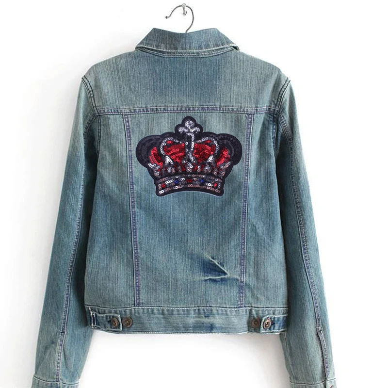 Prajna Queen Crown Patches Sequins Patch Golden Big Size T-shirts Cartoon Decoration For Clothes DIY Iron On Patches Applique