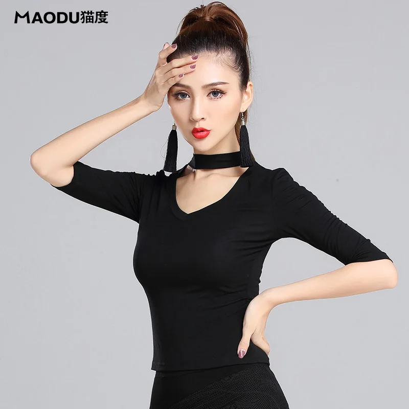 Black Modern Dancing Tops U-neck Half Sleeve Sexy Latin Dance Clothes Lady Ballroom Costume Performance Wears B-6938