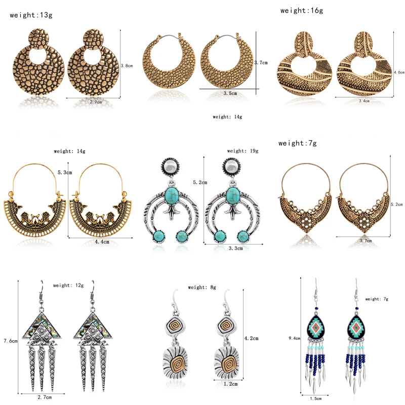 Retro Exaggerated Hollow Antique Round Pendant Earrings Lychee Pattern Crescent Shaped Spiral Geometry Bohemian Ethnic jewelry