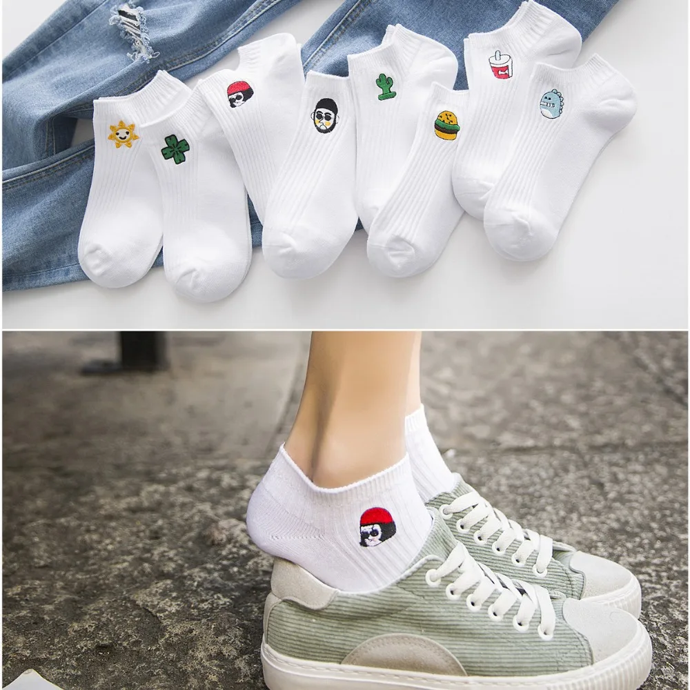 2017 New Harajuku Cute Cartoon Embroidery College Wind Simple Basic Fresh Female Socks Women Cotton Short Socks