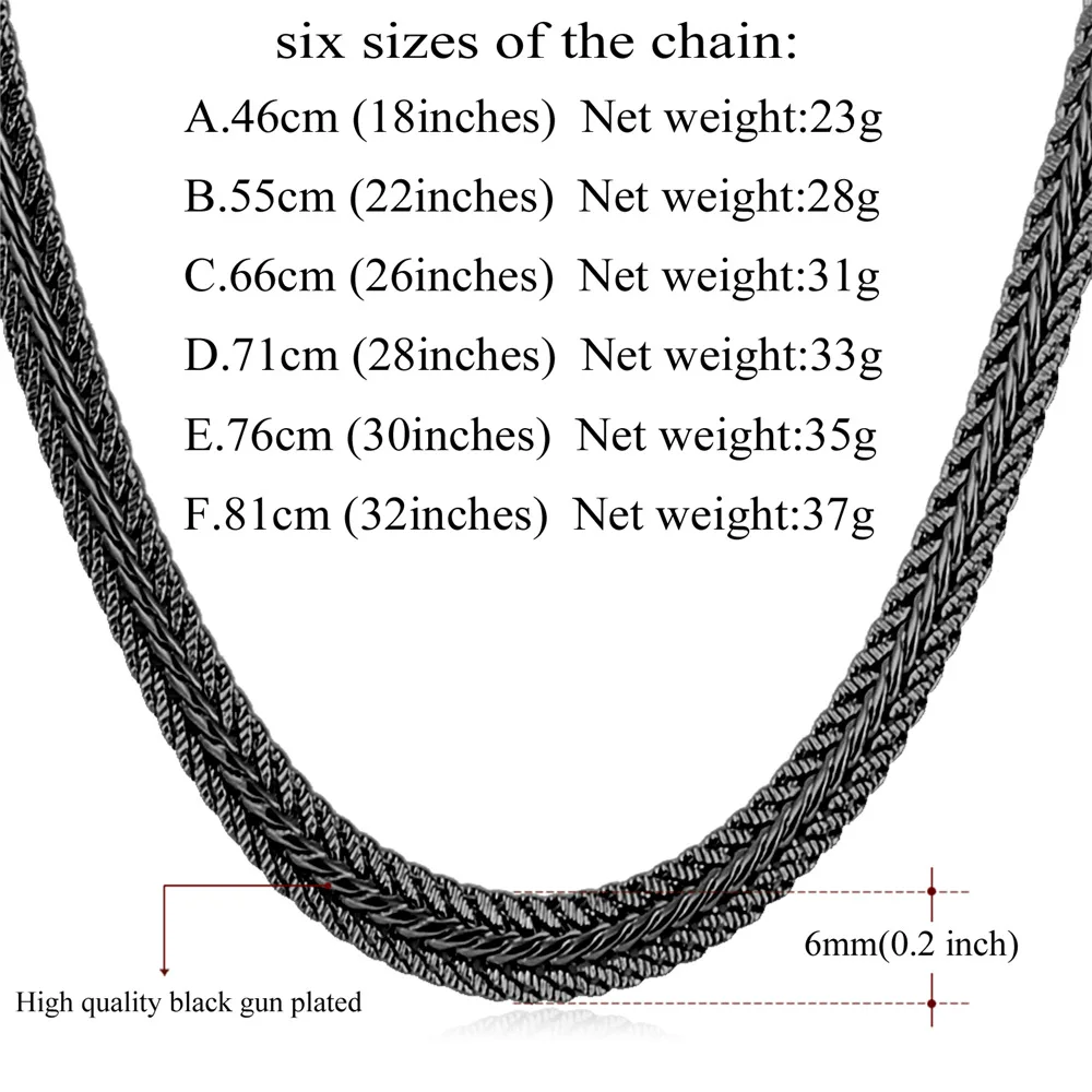 U7 Men Long Necklace Black Trendy  6MM 6 Size Unique Foxtail Chain Necklaces & Pendants Men Fashion Jewelry N561