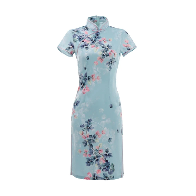 

Womem Summer Printed Cheongsam Traditional Chinese Women Dress Short Sleeve Qipao Party Mandarin Collar M-4XL