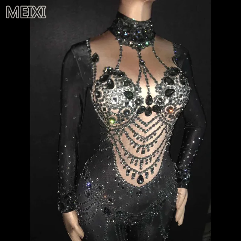 Sexy black glass diamond looks thin tight elastic pants bar party party concert singer dancer costume