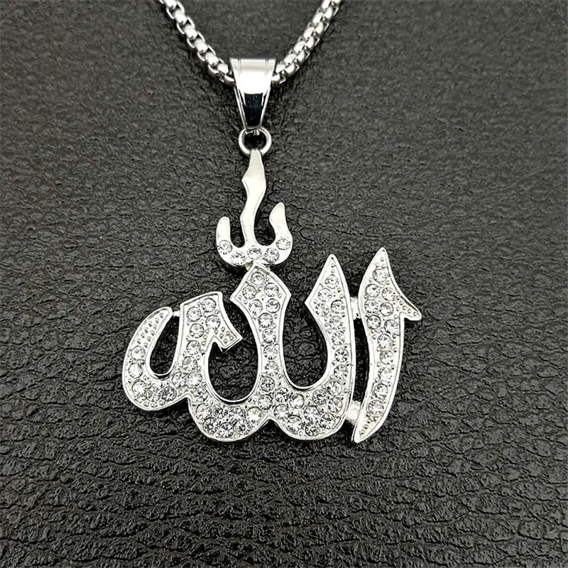 Dropshipping Hip Hop Iced Out Bling Islamic Allah Pendants Necklaces For Women And Men Stainless Steel Muslim Jewelry Wholesale