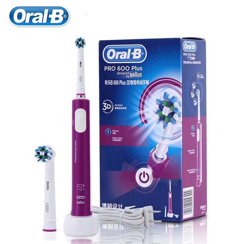 

Электрическая зубная щетка Oral B Pro600 Plus 3D Clean, 2 насадки, водонепроницаемая, с индуктивной зарядкой, фиолетового и синего цвета