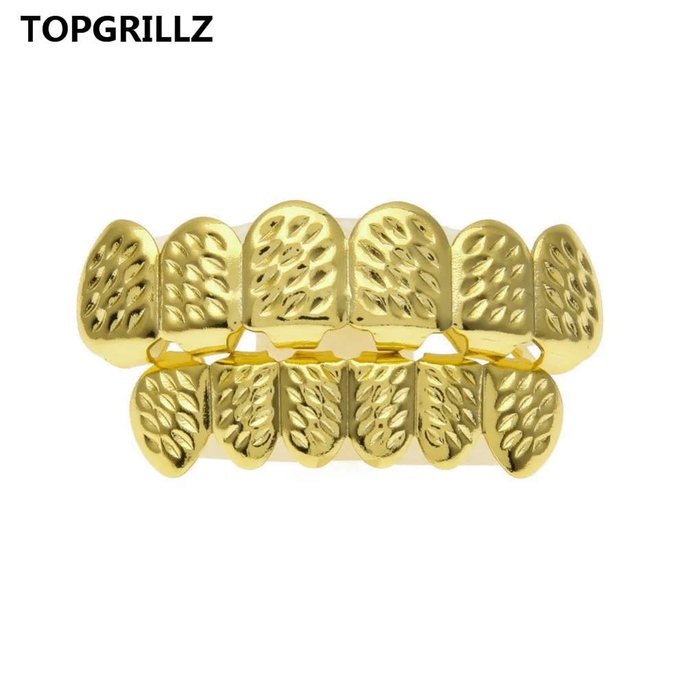 TOPGRILLZ New Fit Gold Color Plated HipHop D-Cut Teeth Grillz Caps Top&Bottom Grill Set for Christmas Party,Women,Men