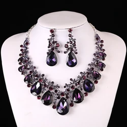 Bridal Party Wedding Jewelry Sets Statement Purple Delicate Crystal Rhinestones Necklace Earrings set Waterdrop Dress Accessorie