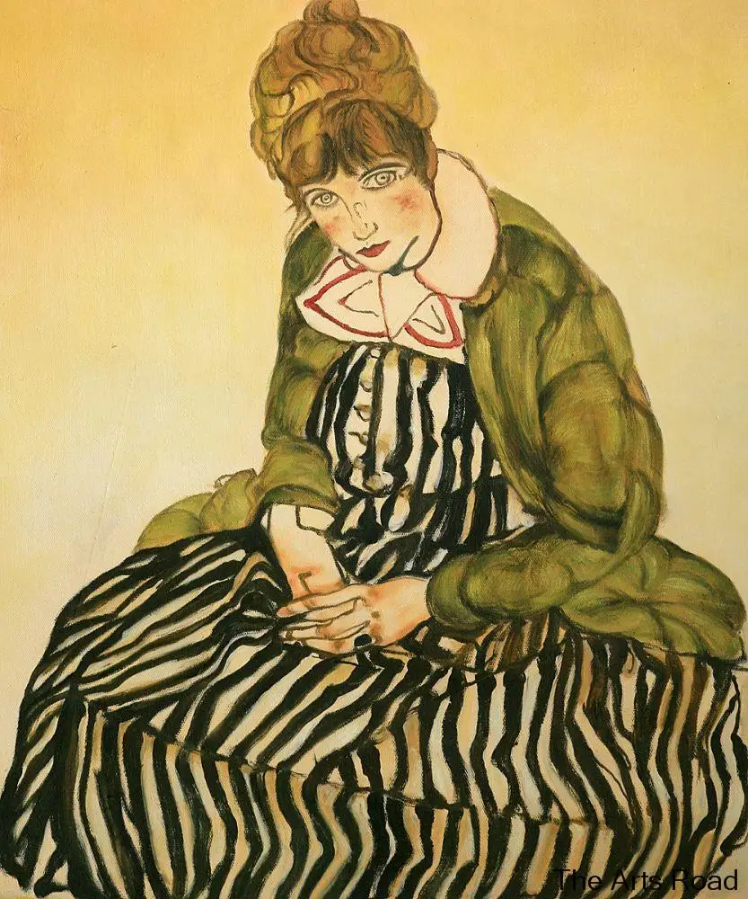 

Female Painting Portrait of Edith Schiele Seated with Striped Dress, 1915 Egon Schiele Canvas Wall Painting Hand-painted